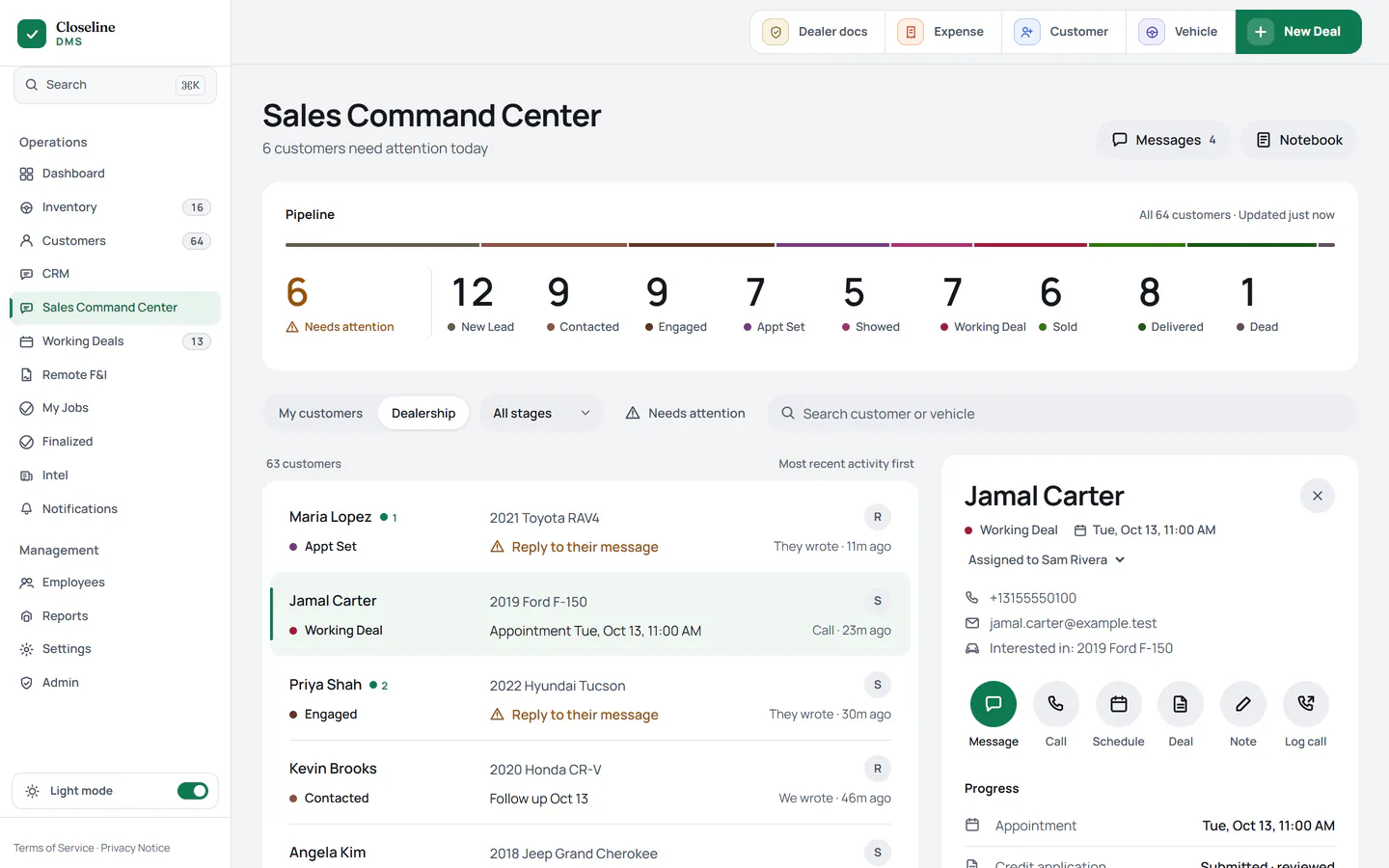 The Sales Command Center in light mode