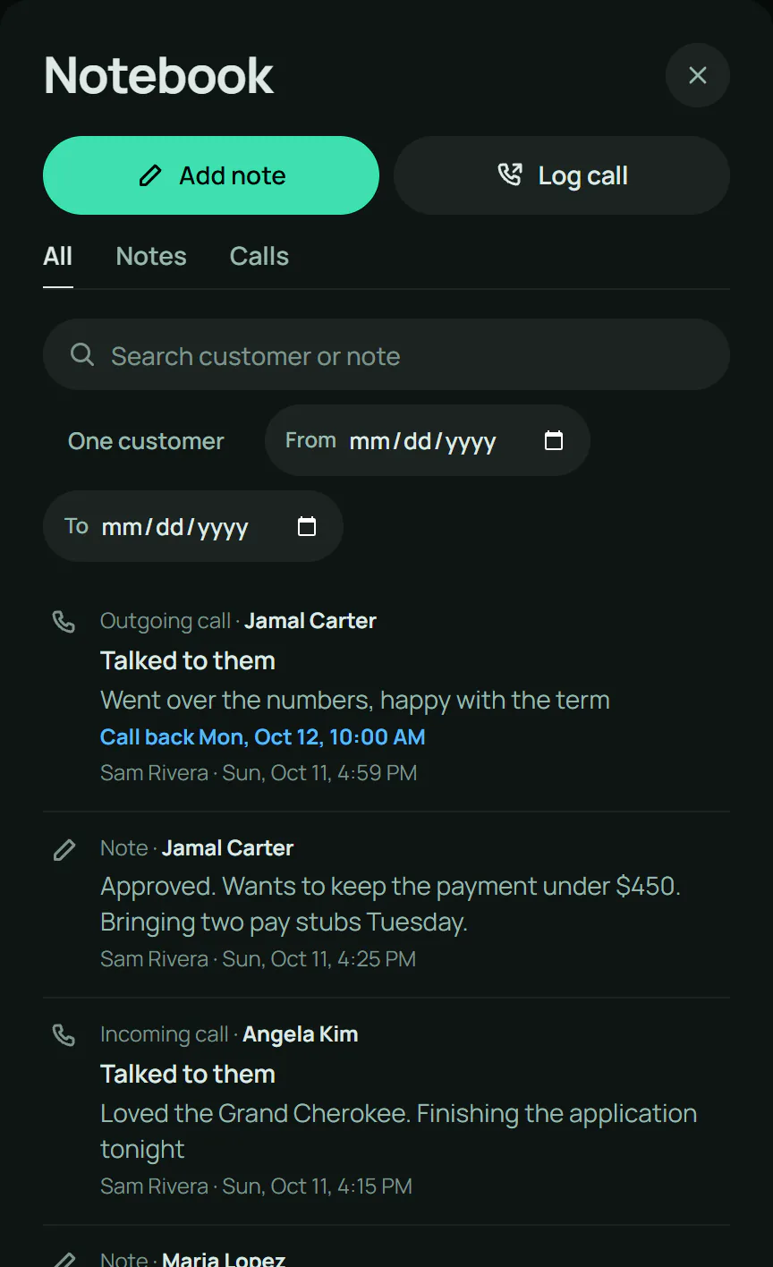Notebook listing every note and call across the dealership, including a call with a callback time