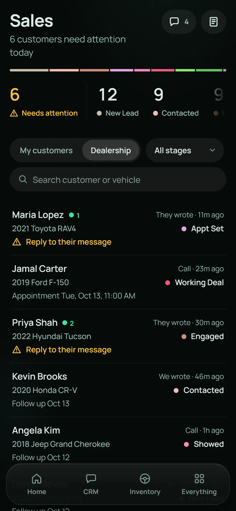 Phone: the sales list with Needs attention and pipeline counts