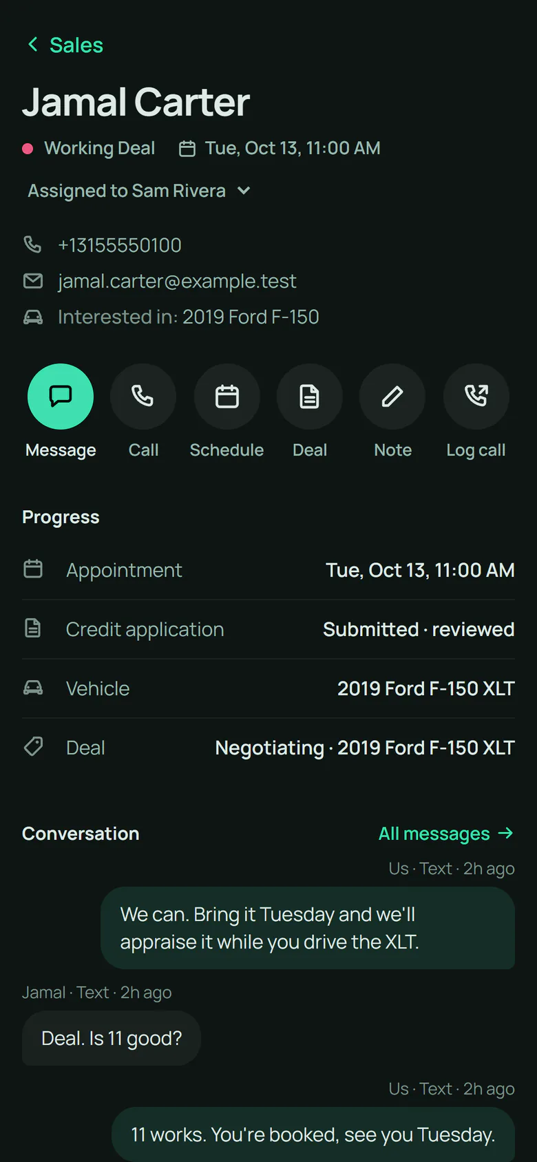 Phone: a customer's workspace with one-tap actions and progress