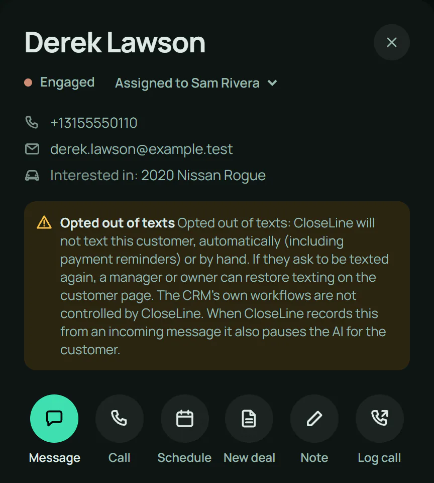 A customer who texted STOP, with an opted-out-of-texts notice above the actions