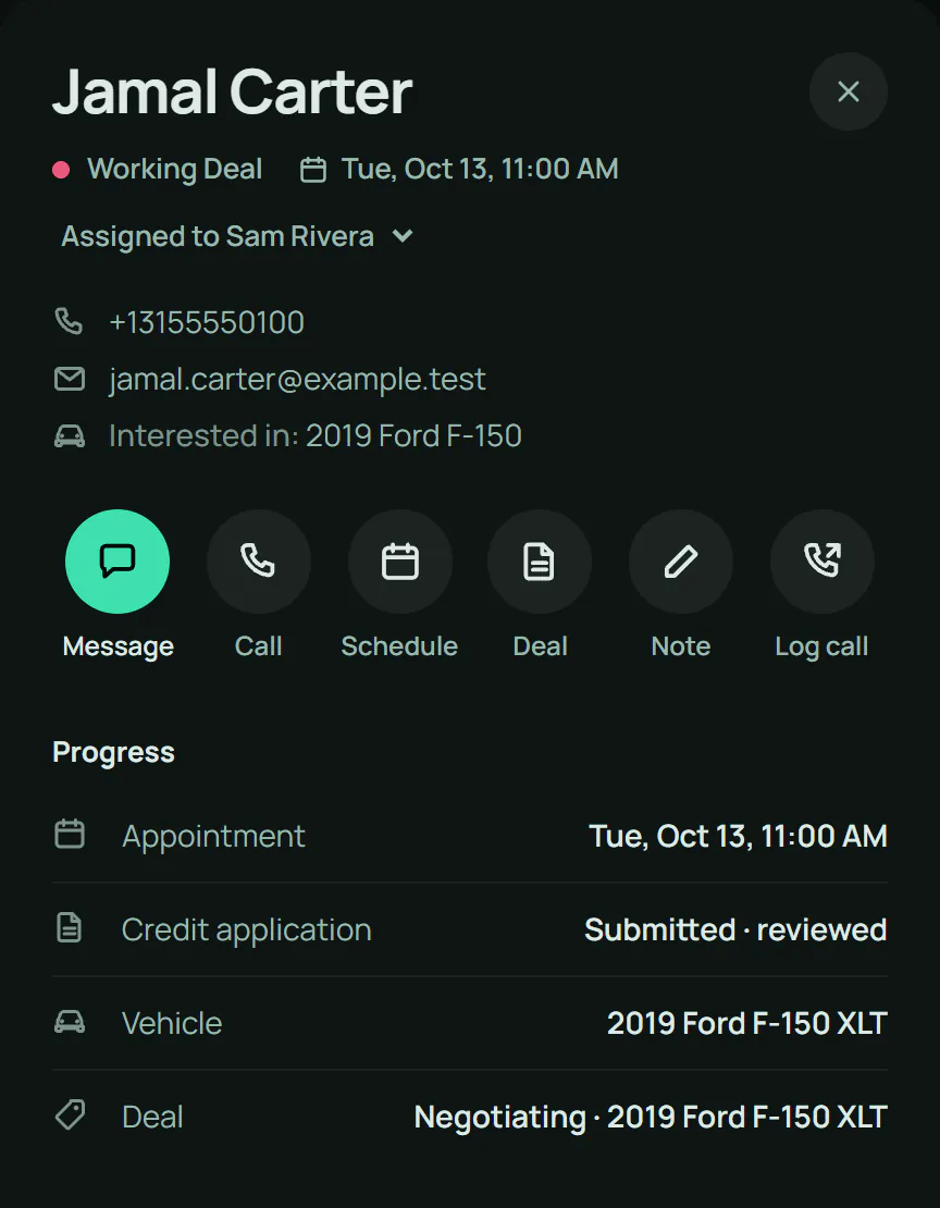 Customer workspace for Jamal Carter with Message, Call, Schedule, Deal, Note and Log call, and his progress: appointment booked, credit application reviewed, vehicle chosen, deal negotiating