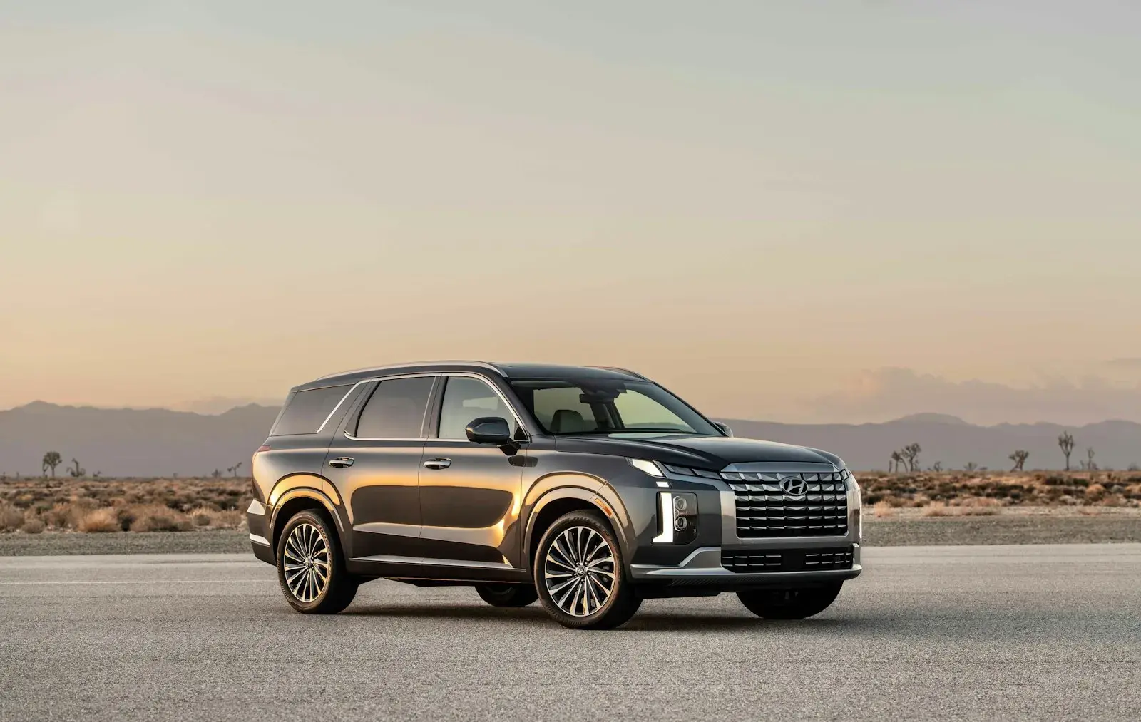 A dark grey three-row SUV parked on open road at sunset